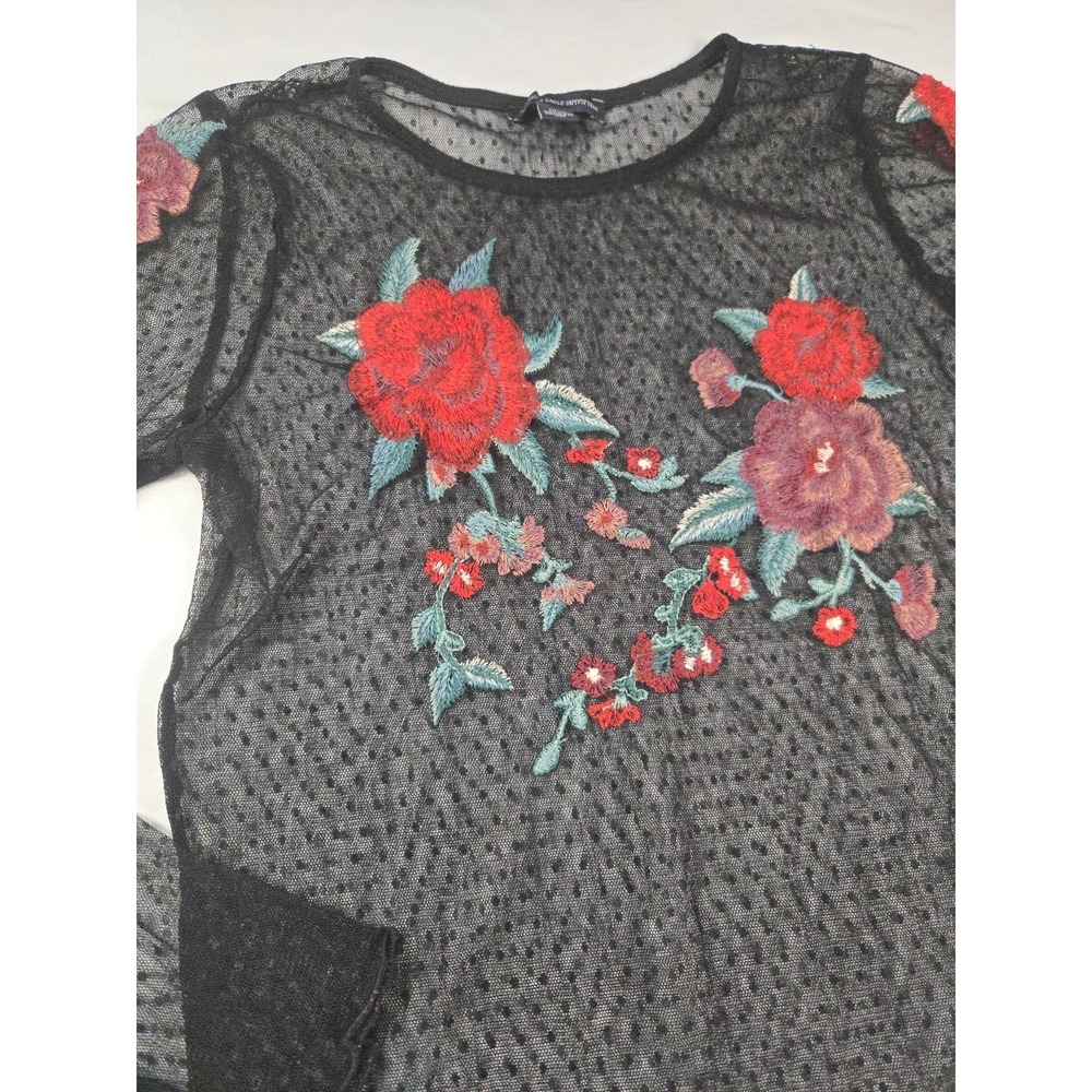 Sheer Mesh Embroidered Floral Rose Top Sz S Whimsigoth Fairy Grunge Y2K Goth - Picture 5 of 11